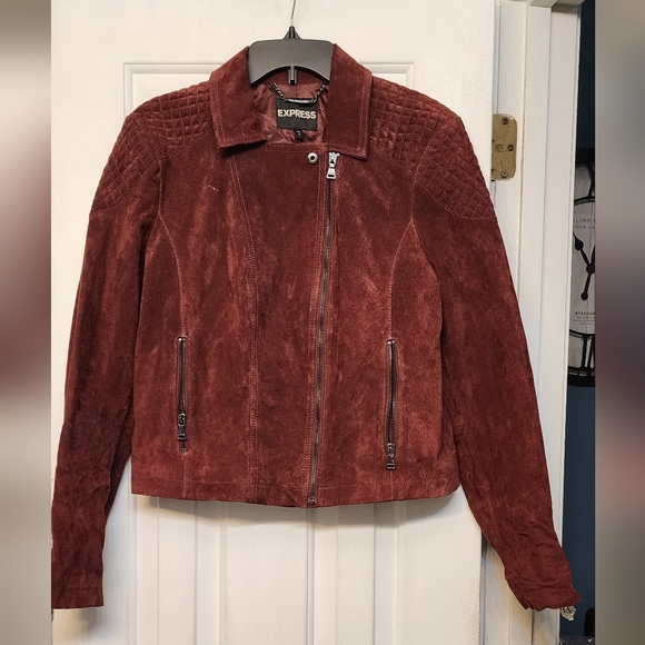 Express Rust Lined Leather Moto Jacket Size Large Quilted Shoulder Zip Front - Picture 2 of 5